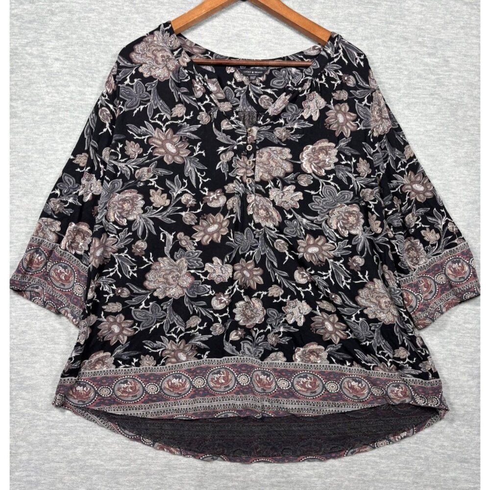Lucky Brand Womens Tunic Top Floral‎  2X Black Floral 3/4 Sleeves High Low Boho